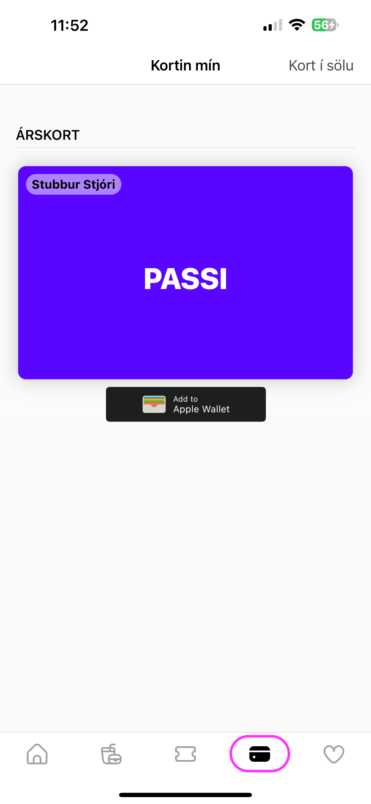 Kort í Stubbur app með Add to Apple Wallet takka
